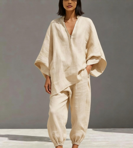 Women's Deep V-Neck Batwing Sleeve Loose Casual Two-Piece Set