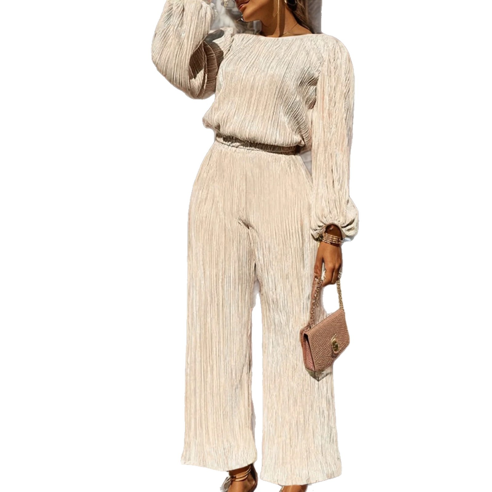 Women's Pleated Waist Straight-Leg Pants and Long-Sleeve Top Set