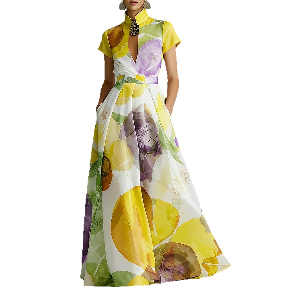 Women's Floral Print Deep V-Neck Short Sleeve Maxi Dress