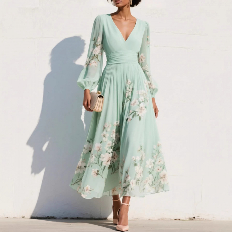 Floral Print Long Sleeve V-Neck Pleated Maxi Dress