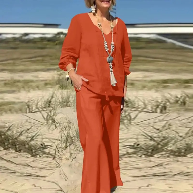 Women's Cotton-Linen Two-Piece Set Solid Color Loose Casual Long Pants