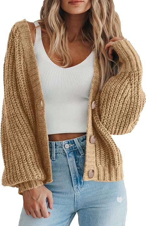 Women's Loose Knit Cardigan Sweater with Lantern Sleeves