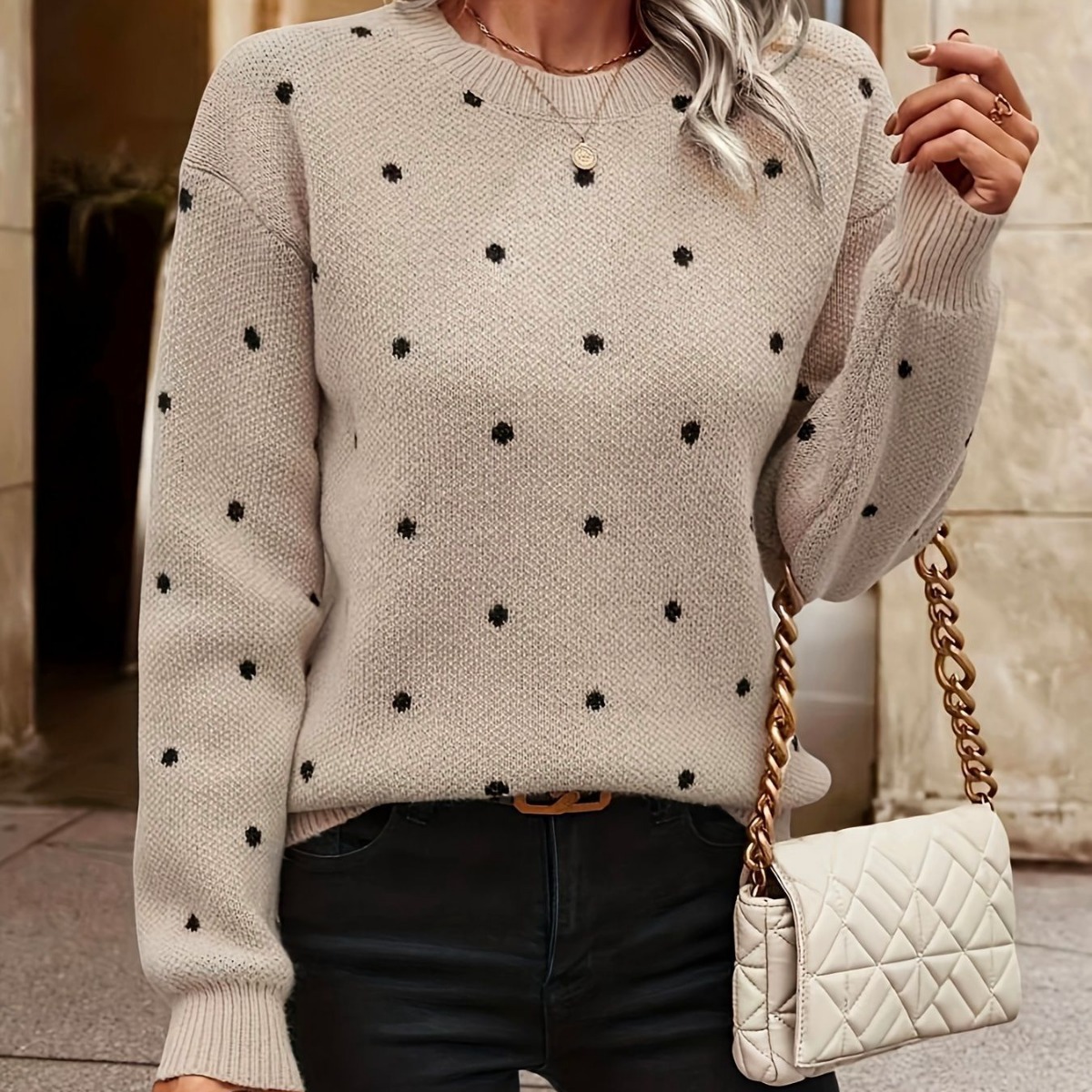 Polka Dot Round Neck Knit Sweater Women's Loose Pullover