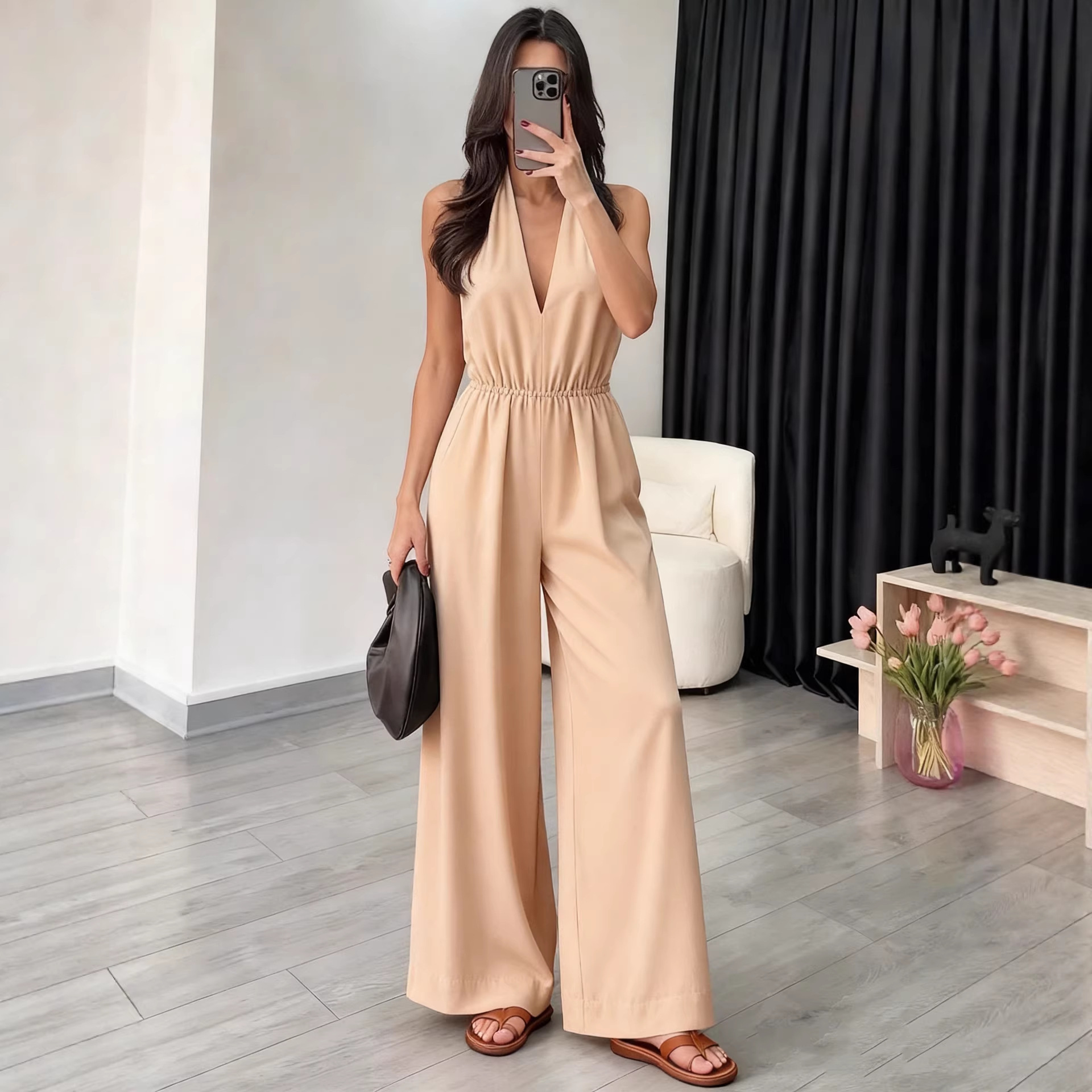 Women's V-Neck Halter Sleeveless Jumpsuit Solid Color Wide-Leg