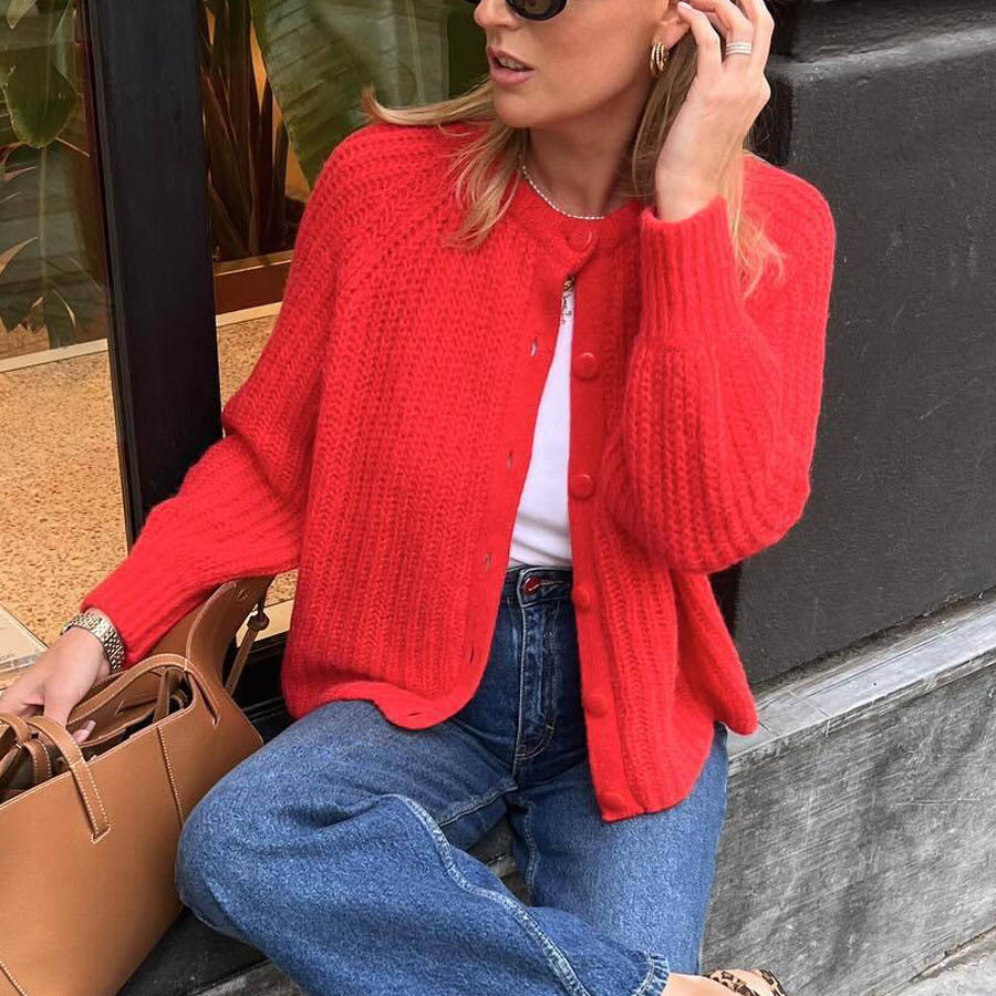 Women's Solid Knit Cardigan Round Neck Long Sleeve Loose Fit