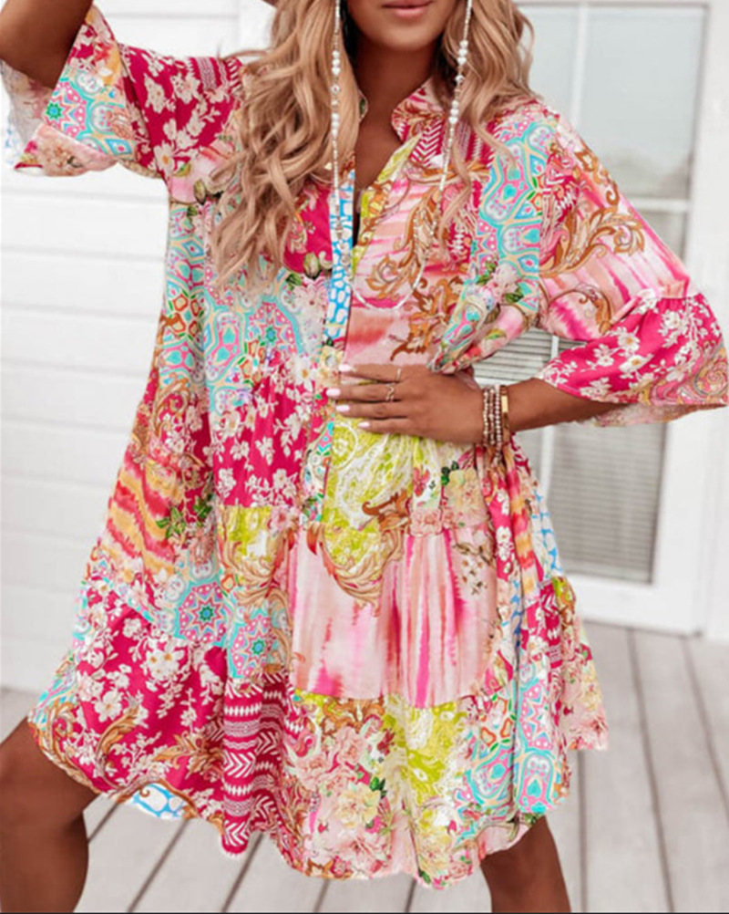 Women's V-Neck Button Print Midi Dress