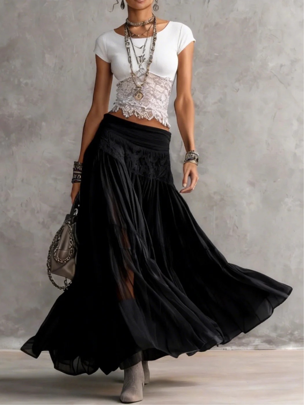Gray Knit Top and Chiffon Maxi Skirt Two-Piece Set