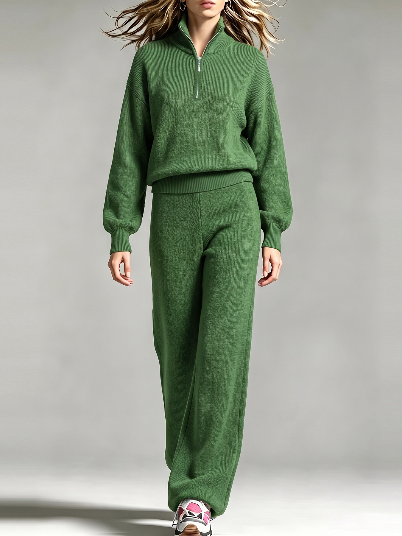 Women's Long Sleeve Knit Two-Piece Set Solid Hooded Top and Wide-Leg Pants