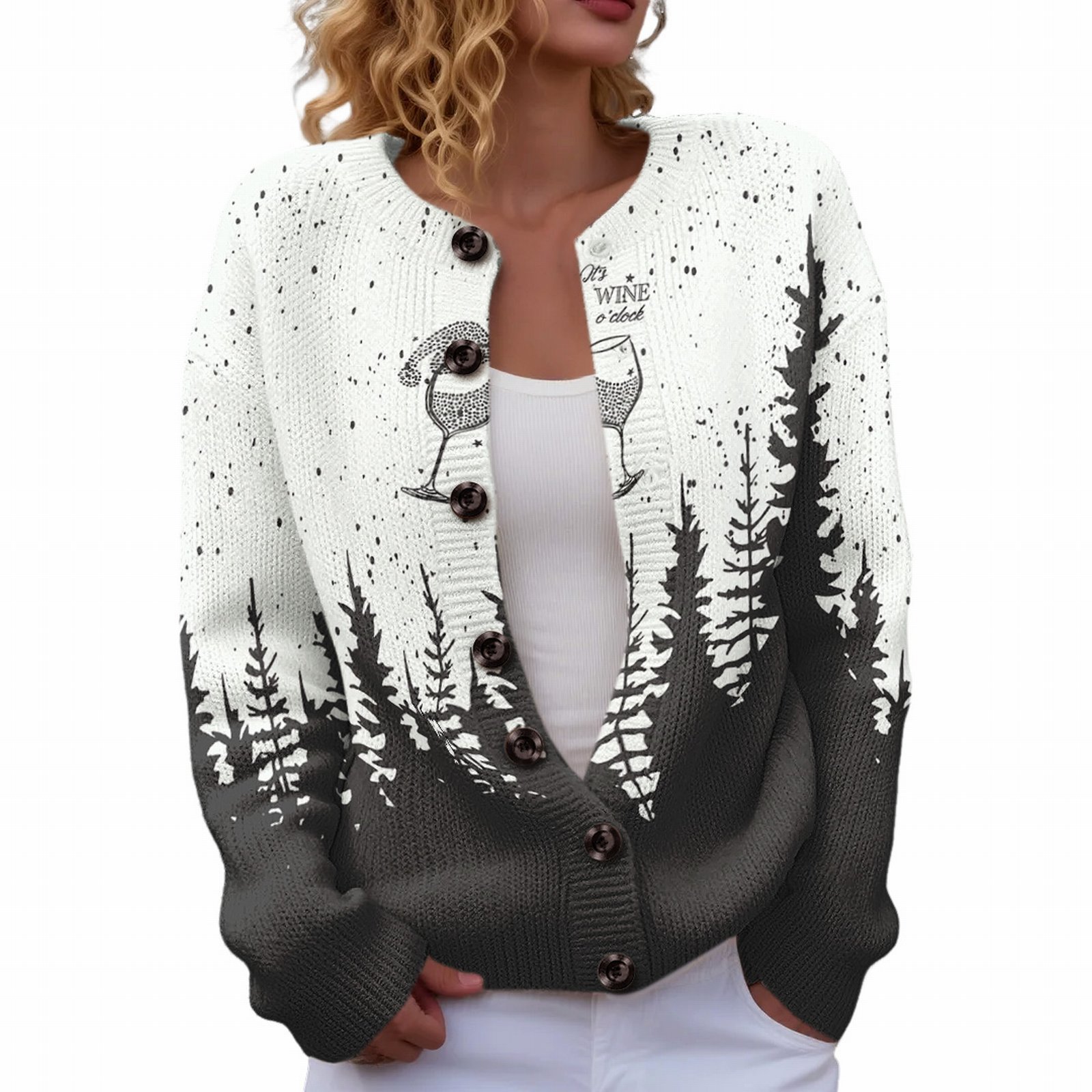 Women's Christmas Reindeer Forest Print Button Cardigan Sweater