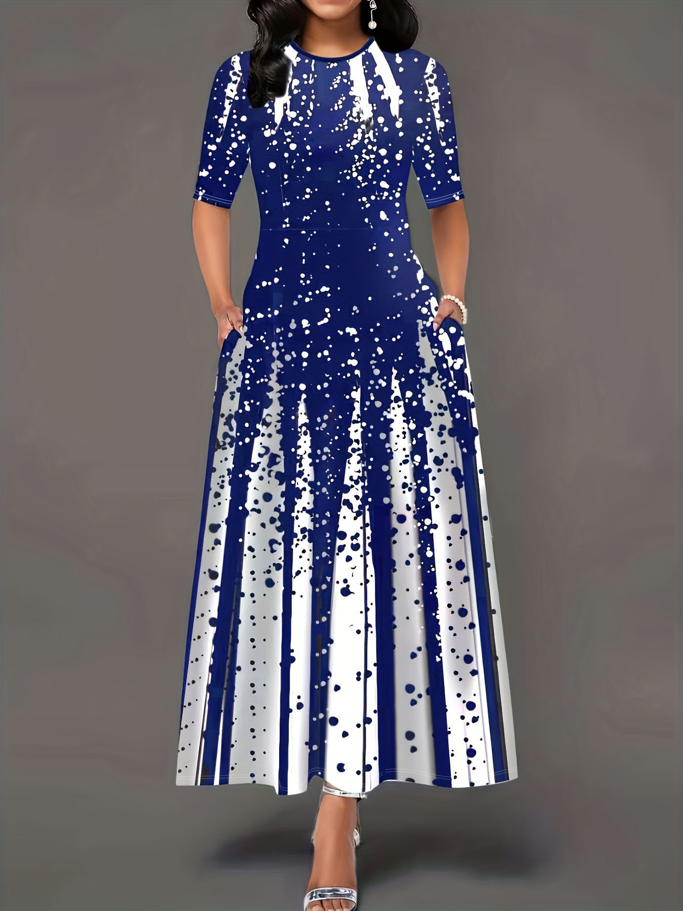 Women's Gradient Print Short Sleeve Round Neck Long Dress