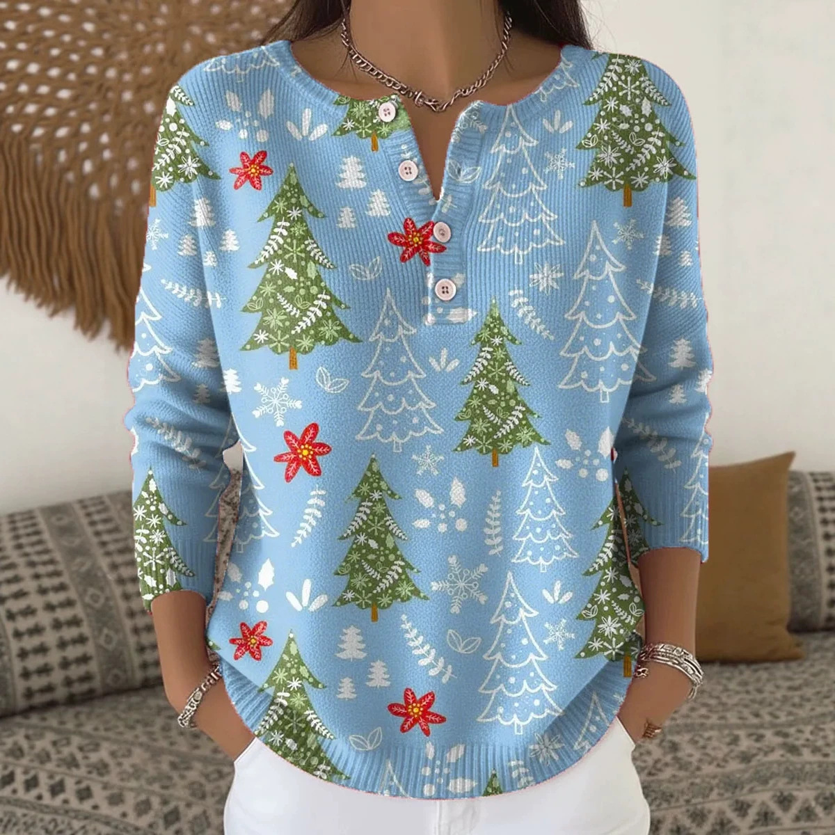Women's Christmas Tree Floral Print Button Sweatshirt