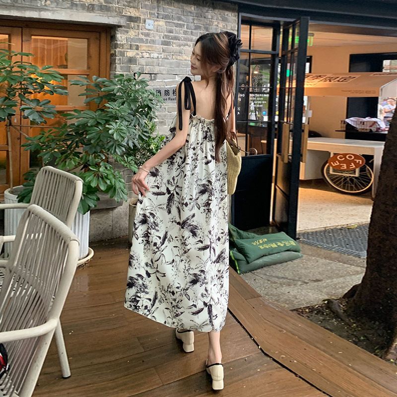 French Tea Break Ink Wash Tie-Strap Midi Dress Women's Summer Loose Relaxed Vacation Long Dress