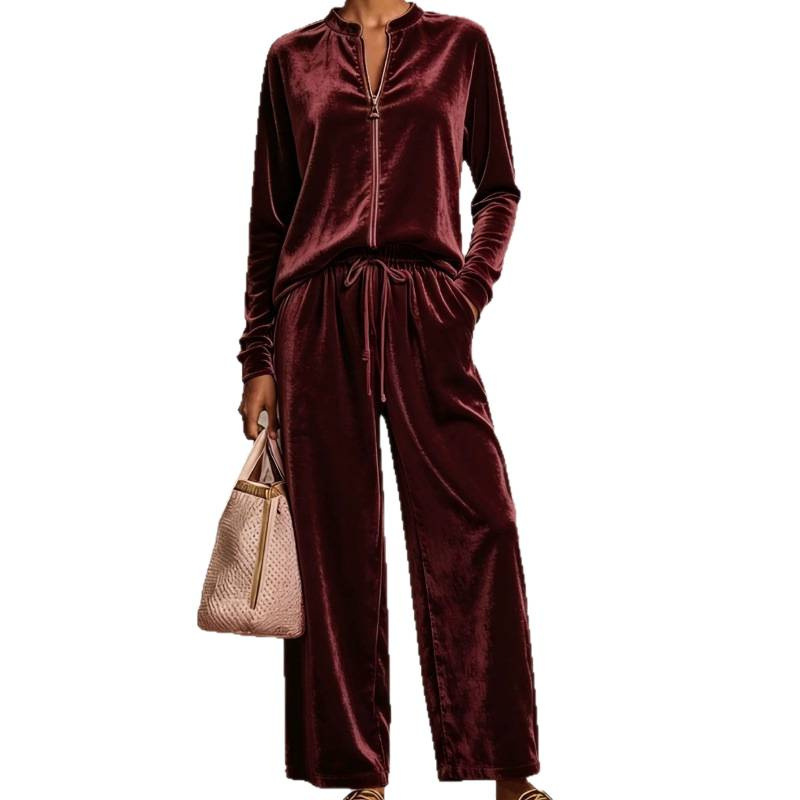 Women's Velvet Hoodie & Wide-Leg Pants Set High Waist Drapey