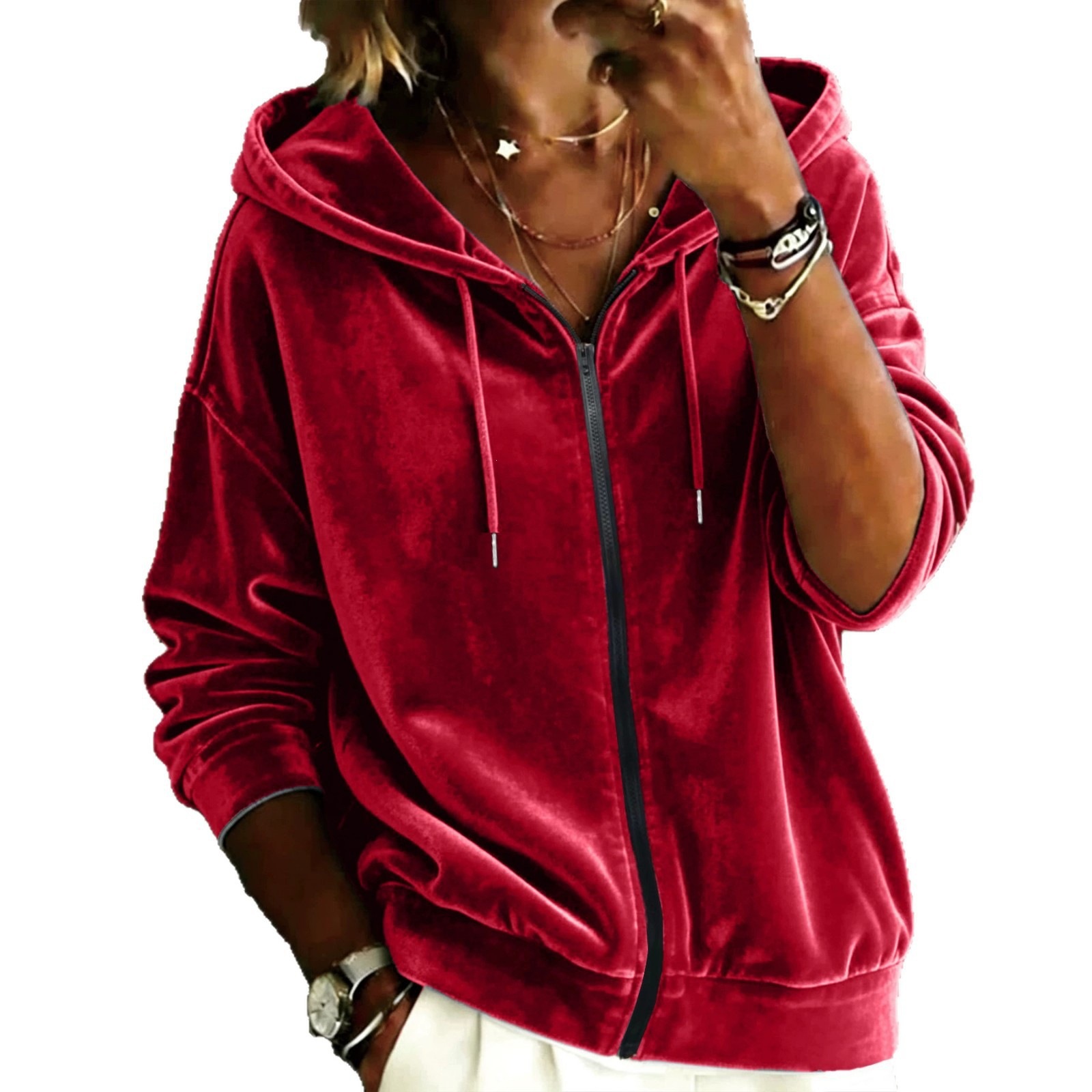 Women's Solid Color Drawstring Hooded Zip-Up Long Sleeve Sweatshirt
