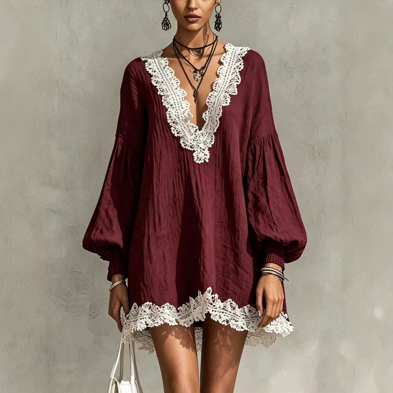 Color-Block V-Neck Lace Trim Lantern Sleeve Loose Dress