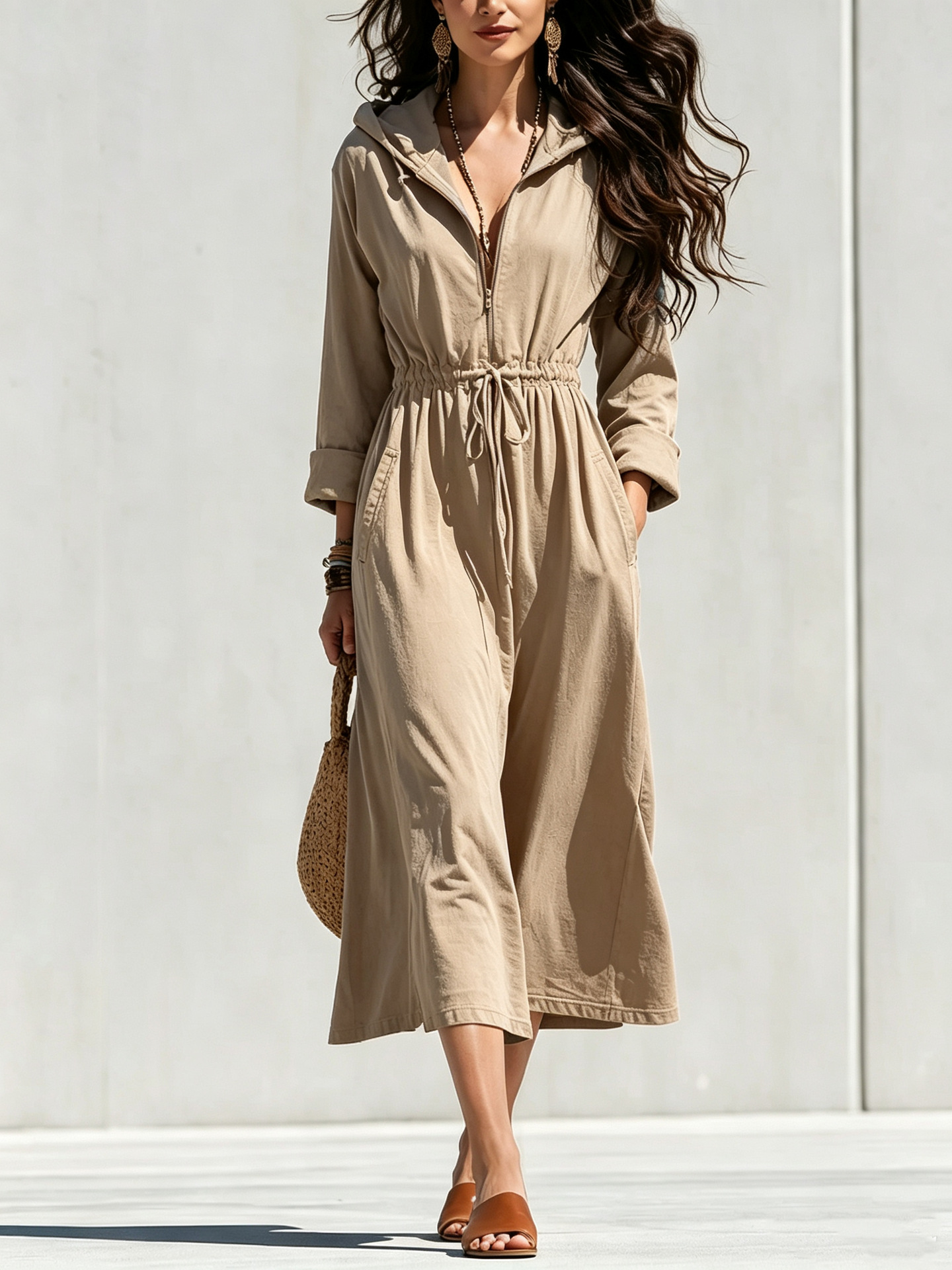 Women's Solid Half-Zip Drawstring Hooded Midi Dress