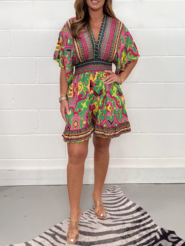 Women's Ethnic Print V-Neck Short Sleeve Jumpsuit