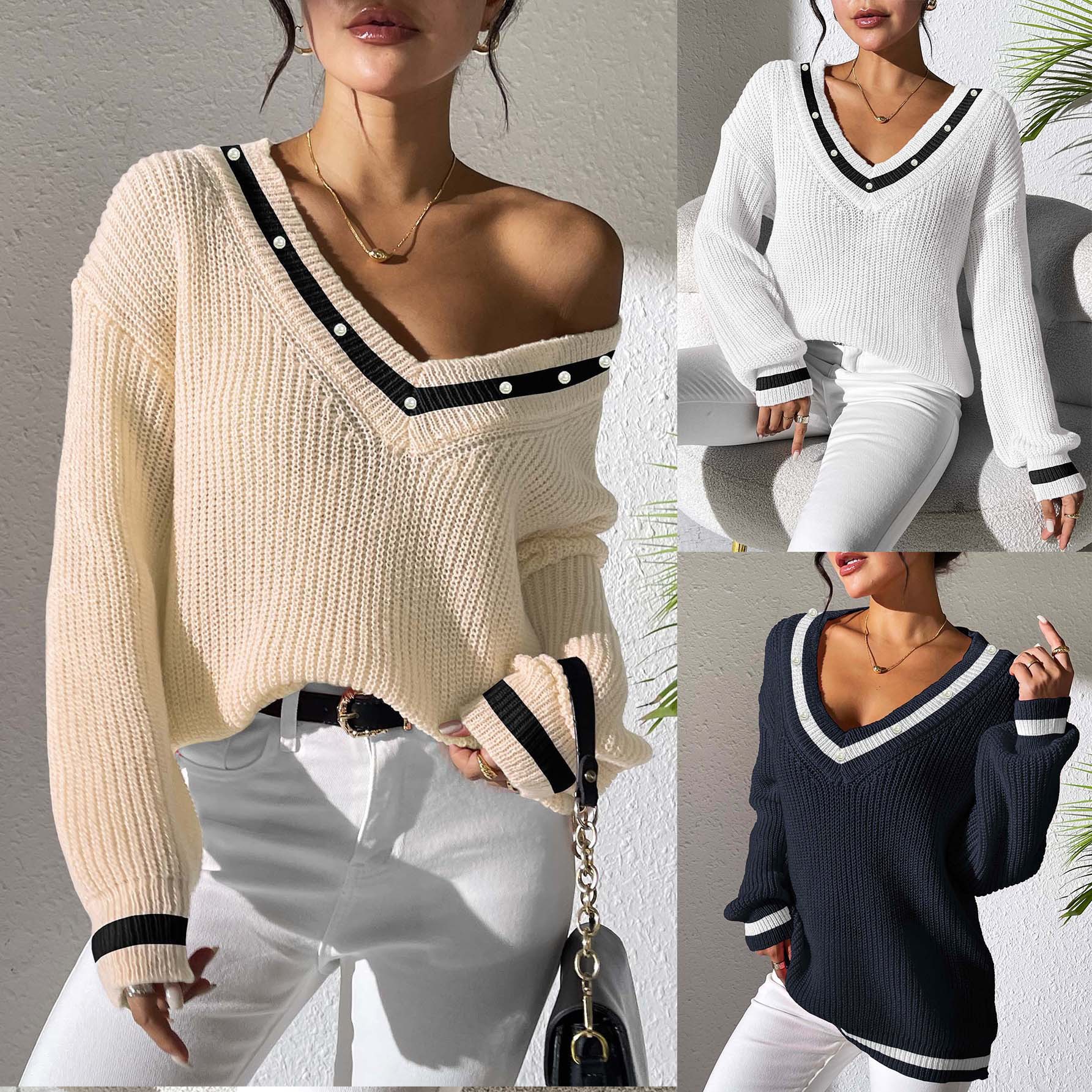 Preppy Colorblock V-Neck Beaded Knit Sweater