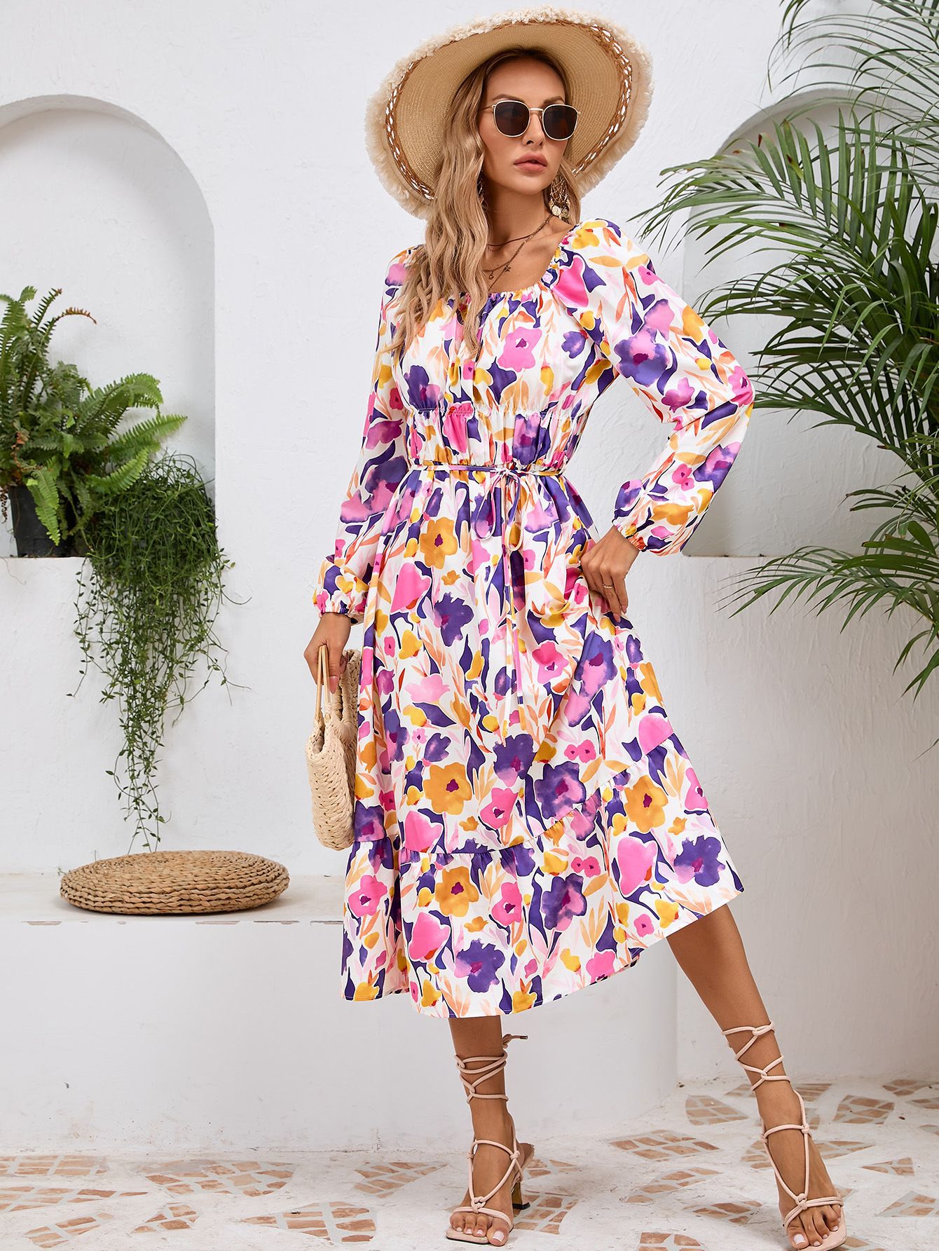 V-Neck Lantern Sleeve Floral Print Midi Dress