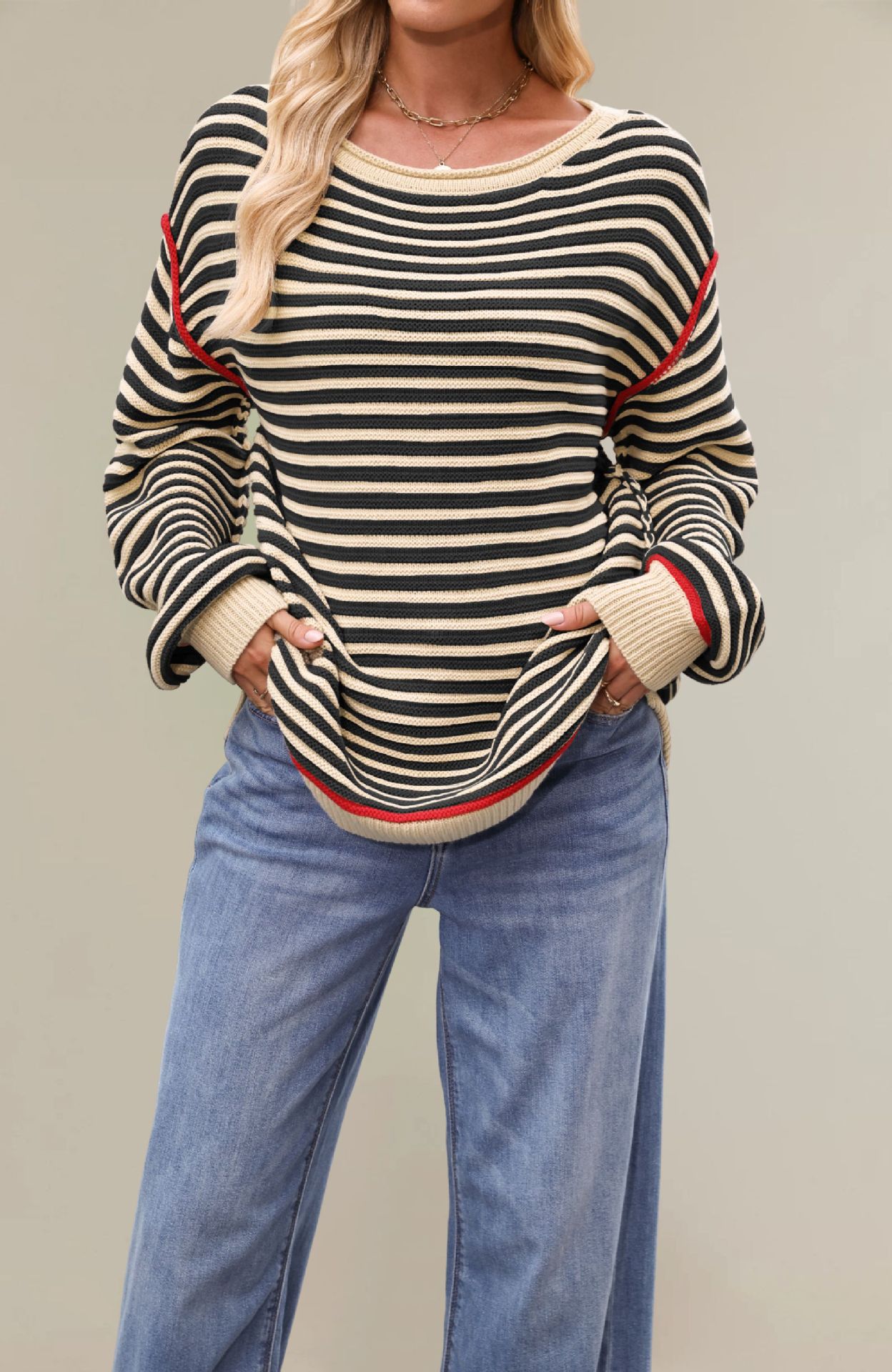 Striped Crewneck Pullover Sweater Loose Long Sleeve