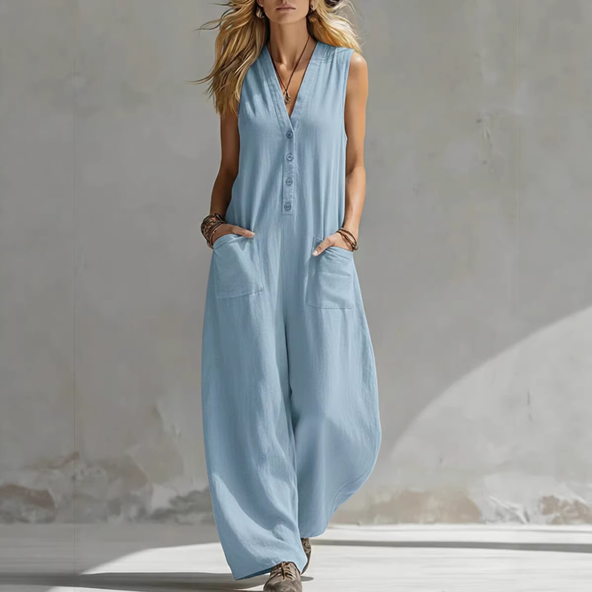 Women's Sleeveless Linen-Cotton Wide-Leg Jumpsuit with Pockets