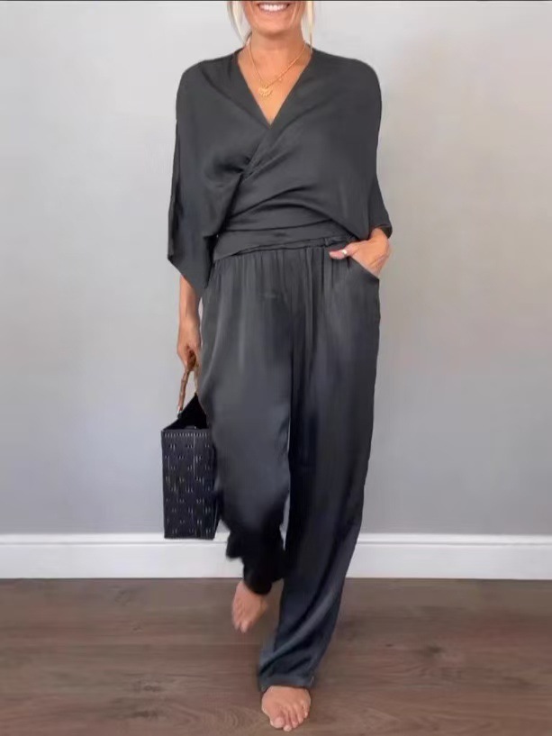 Women's Summer Satin Short Sleeve Top and Pants Set Solid Color