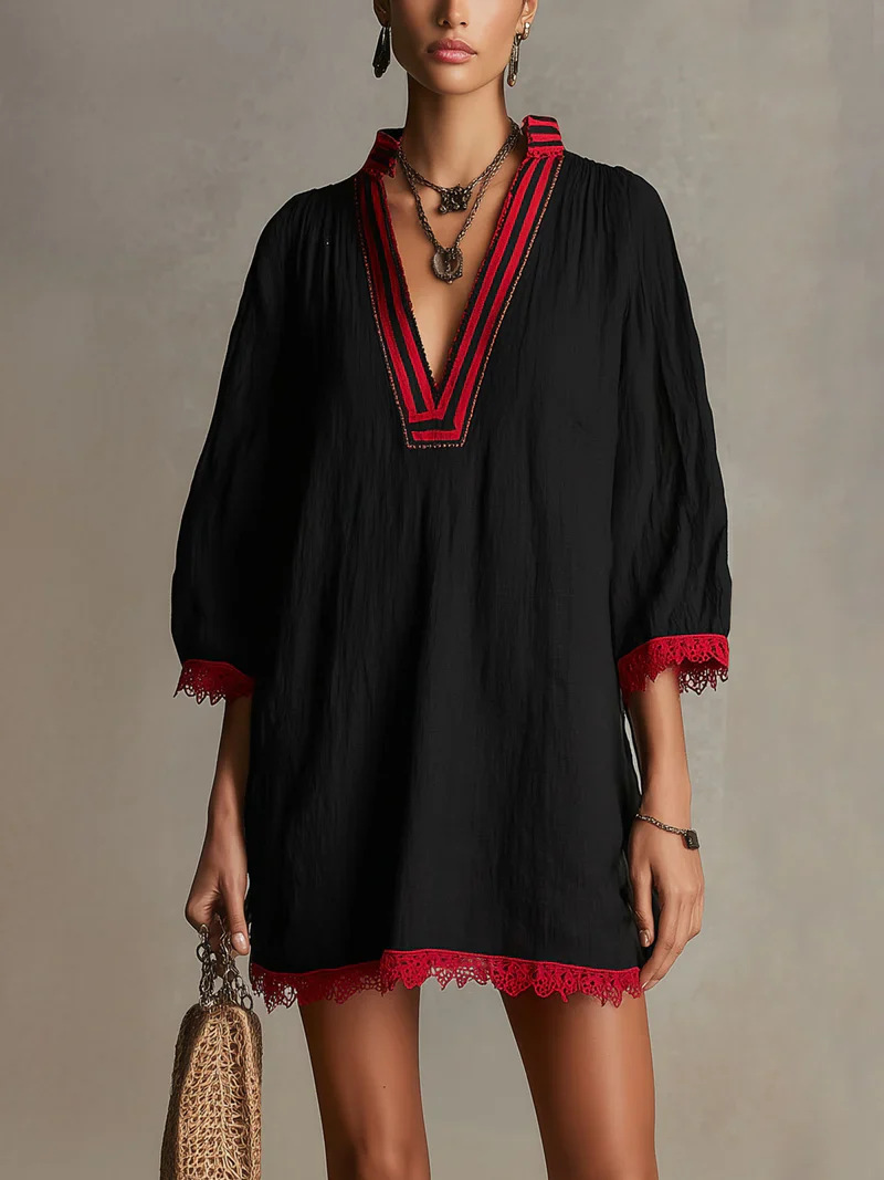 Striped V-Neck Lace Loose Straight Casual Dress