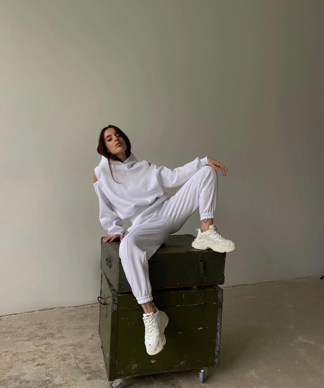 Solid Color Hooded Pullover Sweatsuit with Cold Shoulder Cutouts