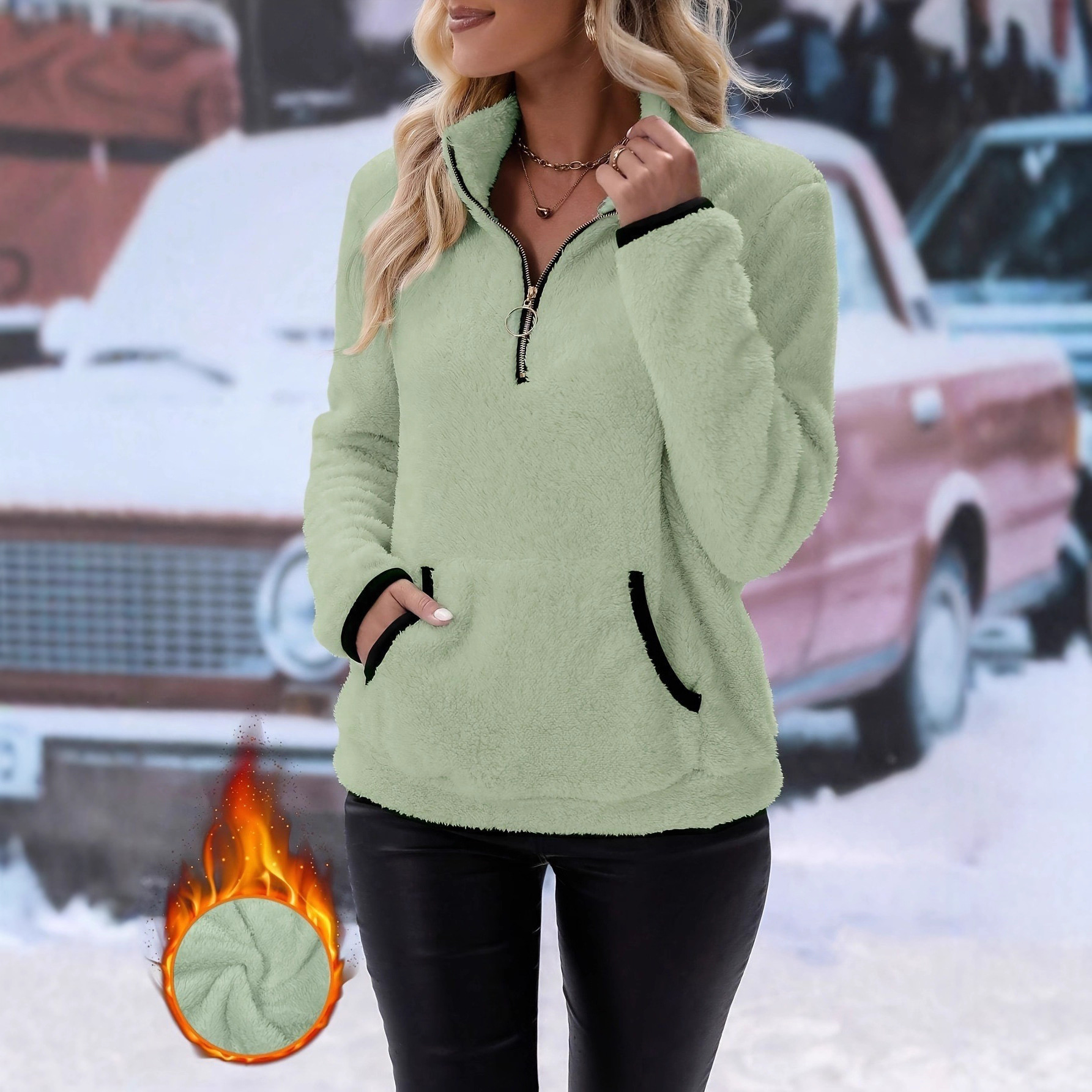 Women's Half-Turtleneck Zip Pocket Fleece Sweatshirt