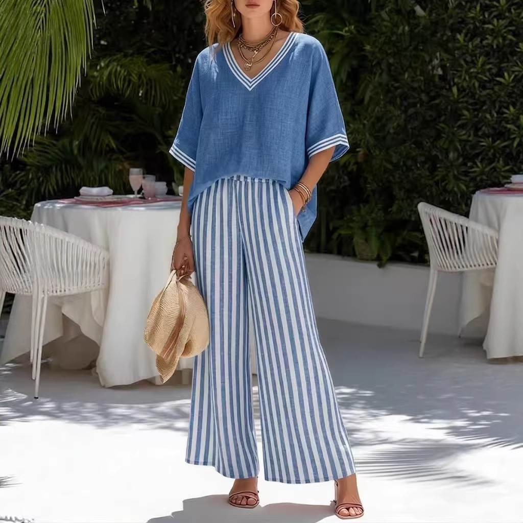 Women's Cotton-Linen Striped V-Neck Short-Sleeve Top & Wide-Leg Pants Set