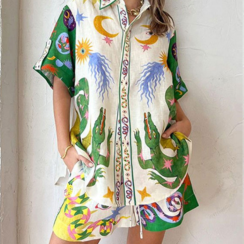 Women's Printed Tie-Front Shirt and Shorts Set Casual Vacation Outfit
