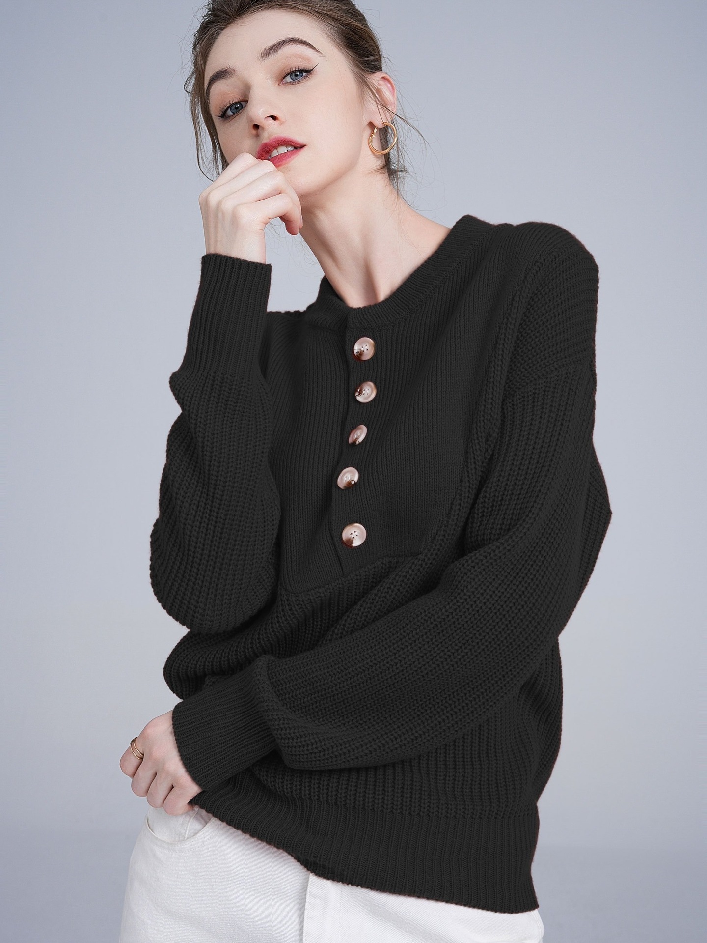 Women's Plus Size Knit Sweater with Buttons, Round Neck, Long Sleeve, Thickened Pullover