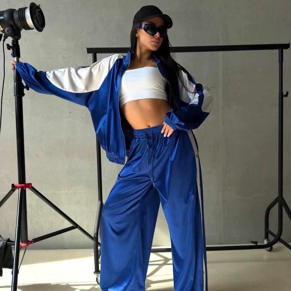 Women's Glossy Satin Tracksuit Set Stand Collar Zip Colorblock Raglan Sleeve Jacket Side Button Pants