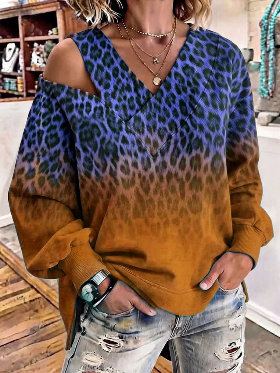 Leopard Print Off-Shoulder V-Neck Long-Sleeve Loose Top