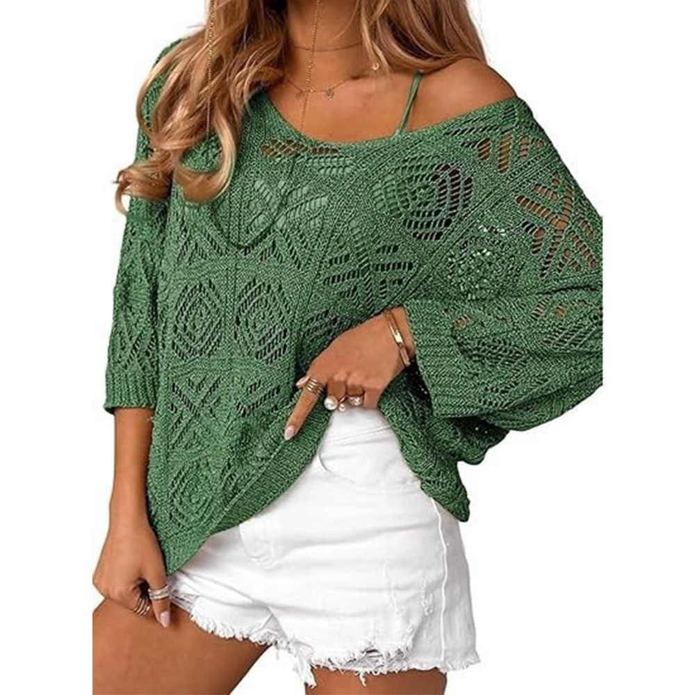 V-Neck Diamond Crochet Hollow-Out Knit Top with Dolman Sleeves