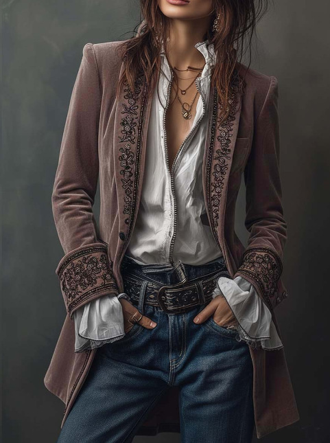 Women's Long Sleeve Solid Color Lace Trim Velvet Jacket