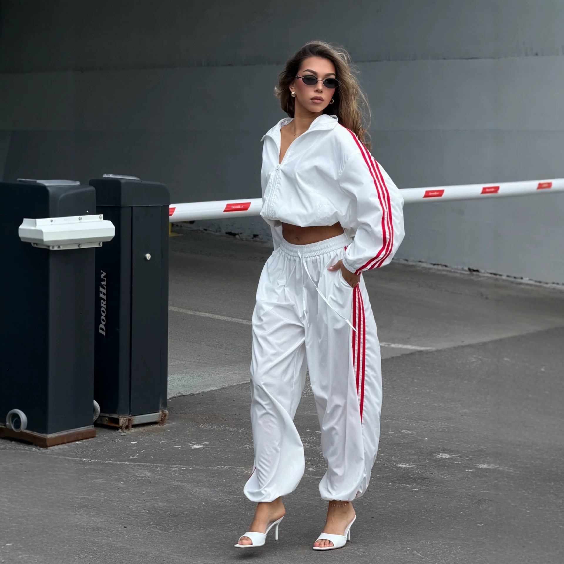Retro Three-Stripe Zip-Up Tracksuit with Drawstring Pants
