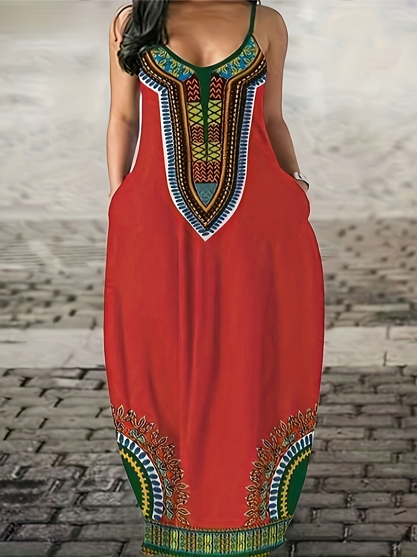 Women's High Waist V-Neck Sleeveless Maxi Dress with 3D Digital Print