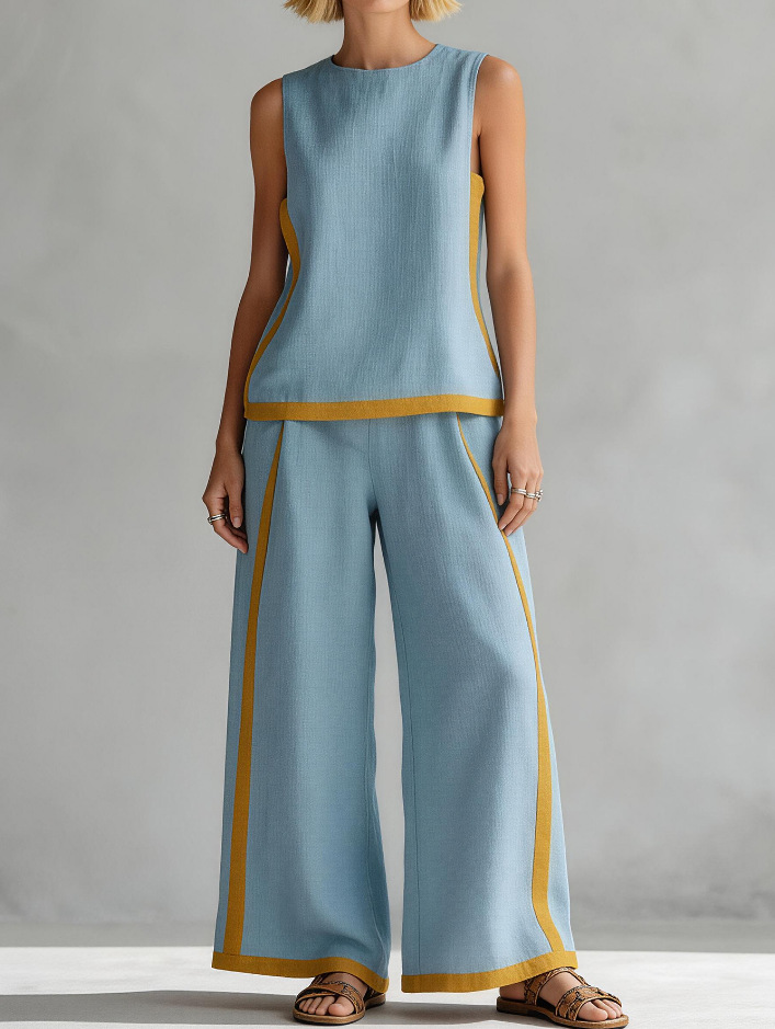 Sleeveless Colorblock Wide-Leg Pants Set Women's Summer Casual Two-Piece