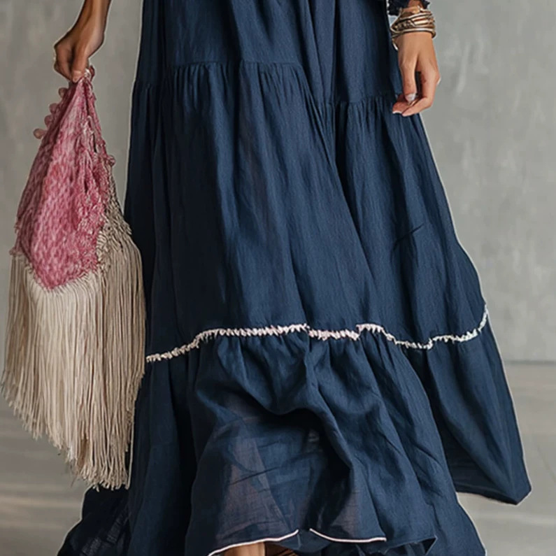 Retro Solid Color Long Dress Casual Loose Round Neck Nine-Tenth Sleeve Dark Blue