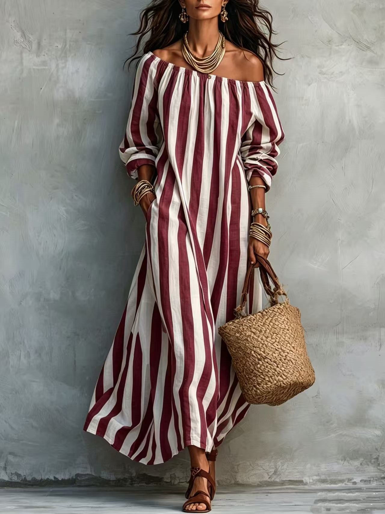 Striped Off-Shoulder Long-Sleeve Maxi Dress