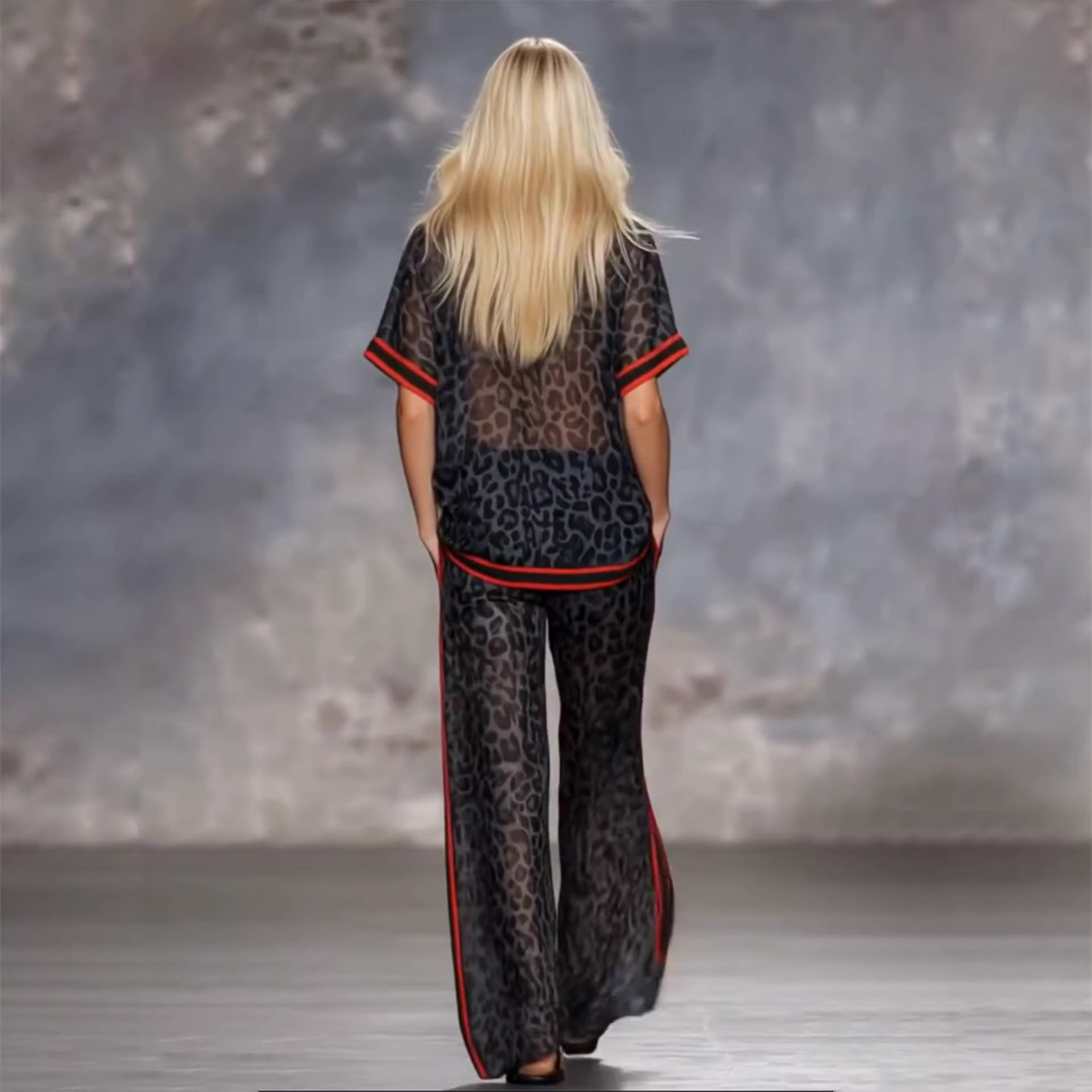 Leopard Print Color-Block Striped Loose Straight-Leg Pants Set
