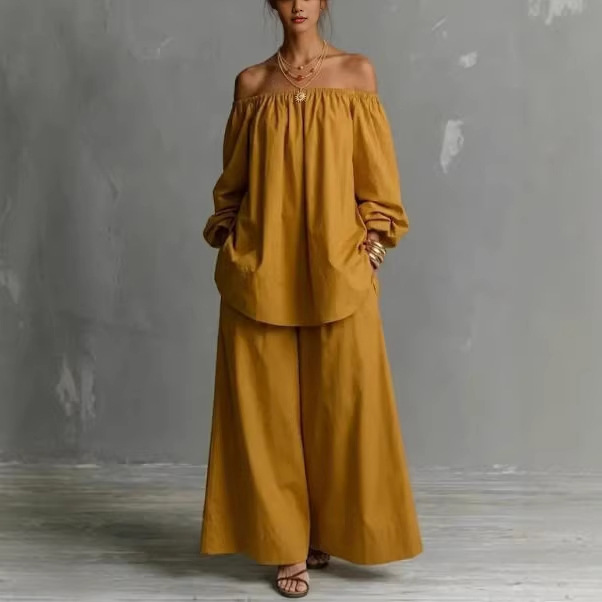 Women's Off-Shoulder Long-Sleeve Top and Wide-Leg Pants Set