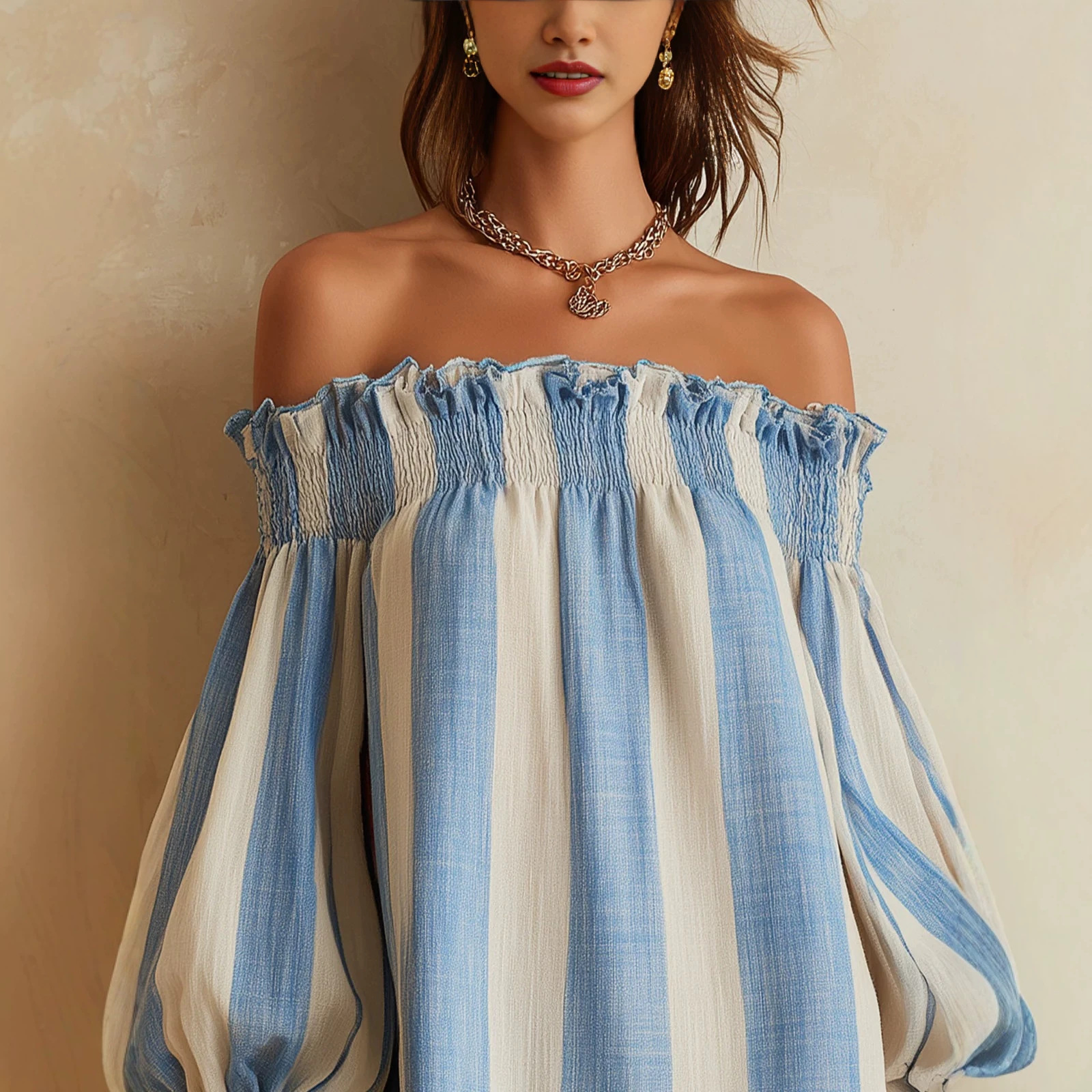 Blue & White Vertical Striped Off-Shoulder Puff-Sleeve Mini Dress with Contrast Ruffle Trim