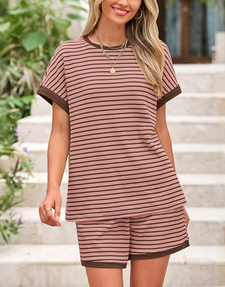 Women's Striped Crewneck Top and Shorts Casual Two-Piece Set