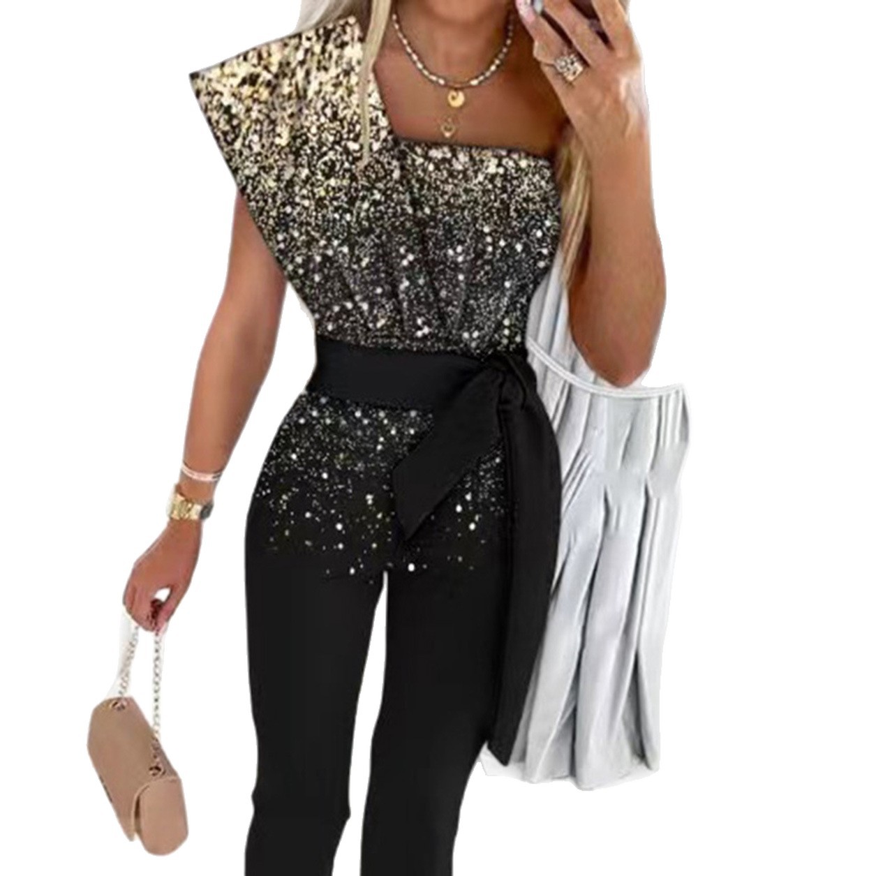 Printed Sleeveless Jumpsuit with Belt and Sequin Detail