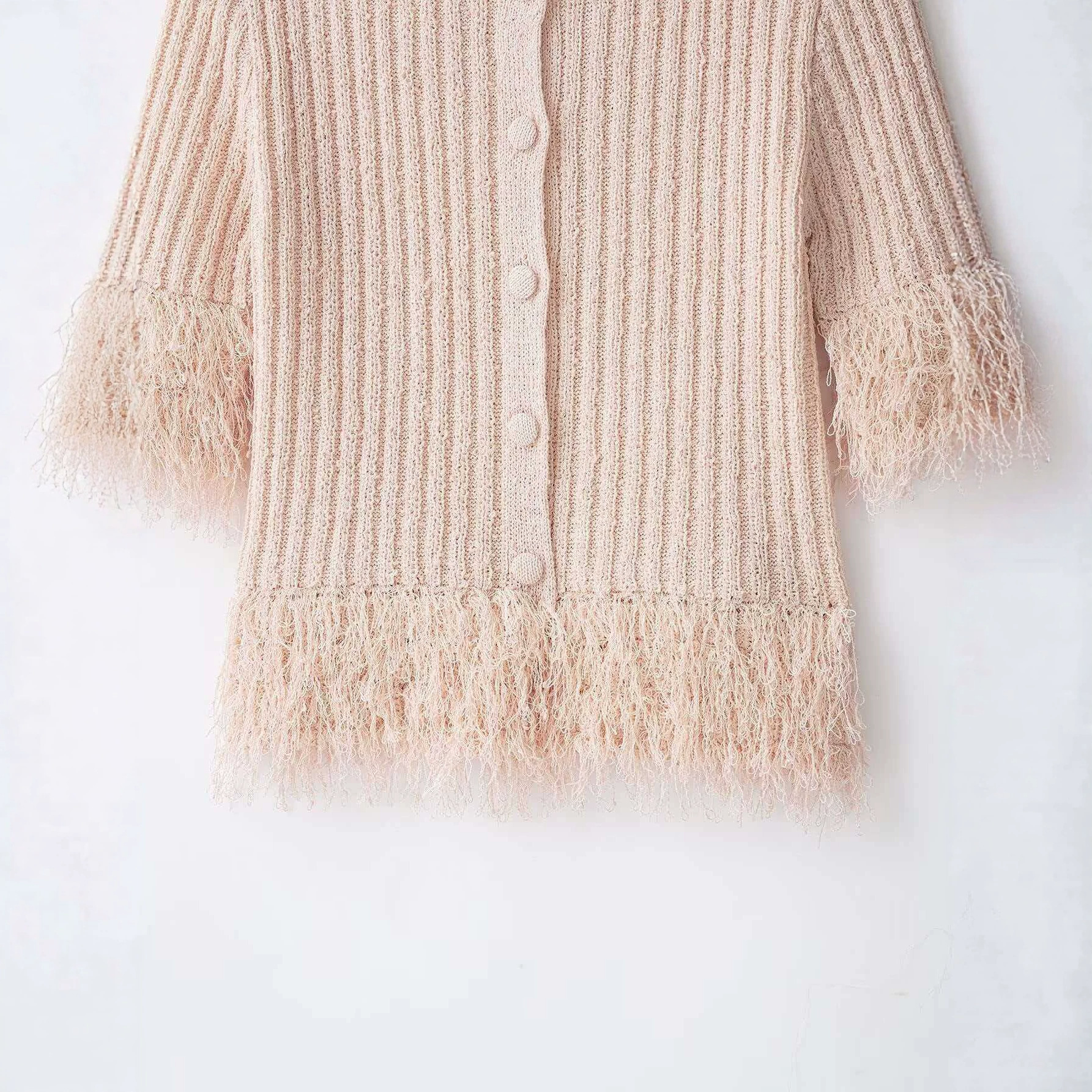 Fringe Knit Round Neck Short Sleeve Top