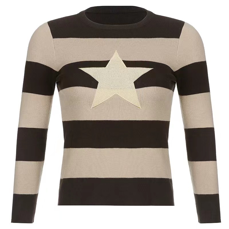 Star Striped Color-Block Crewneck Pullover Sweater