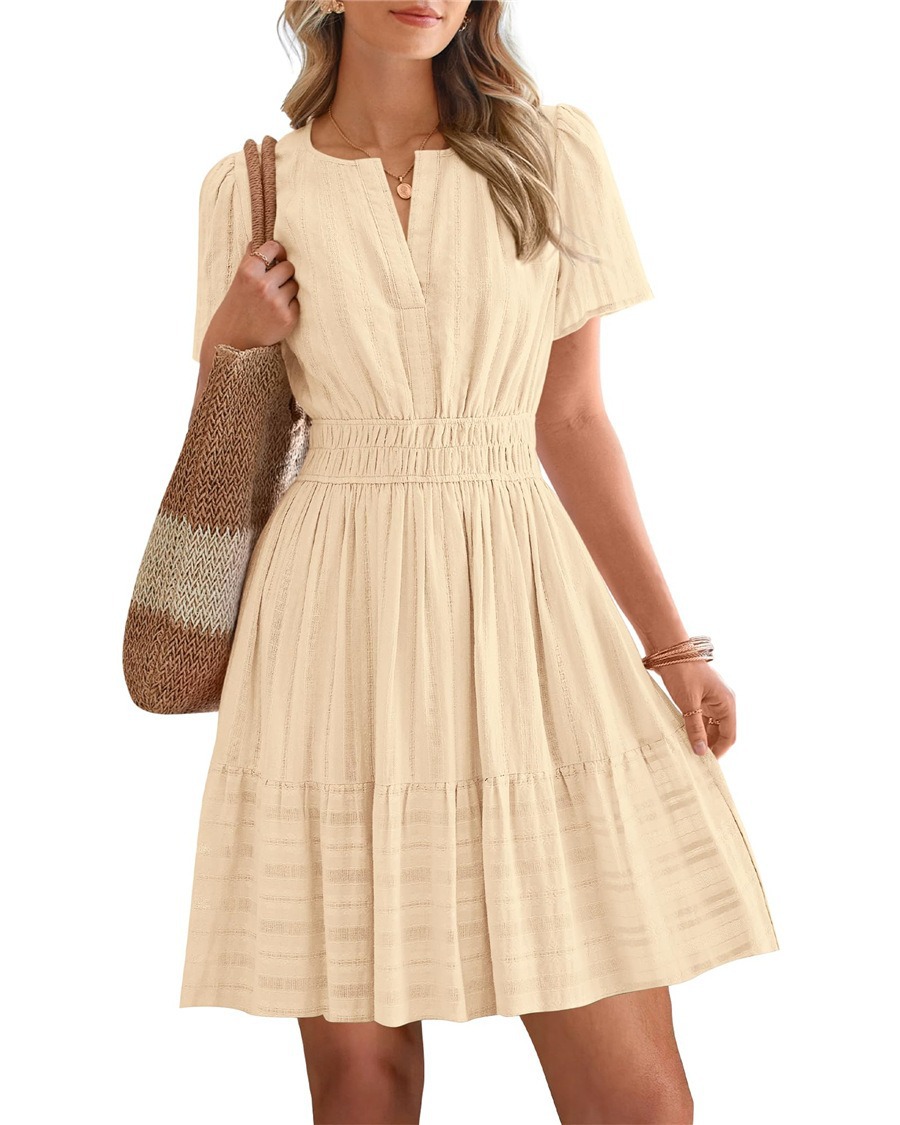 V-Neck Ruched Bubble Sleeve Tiered A-Line Midi Dress