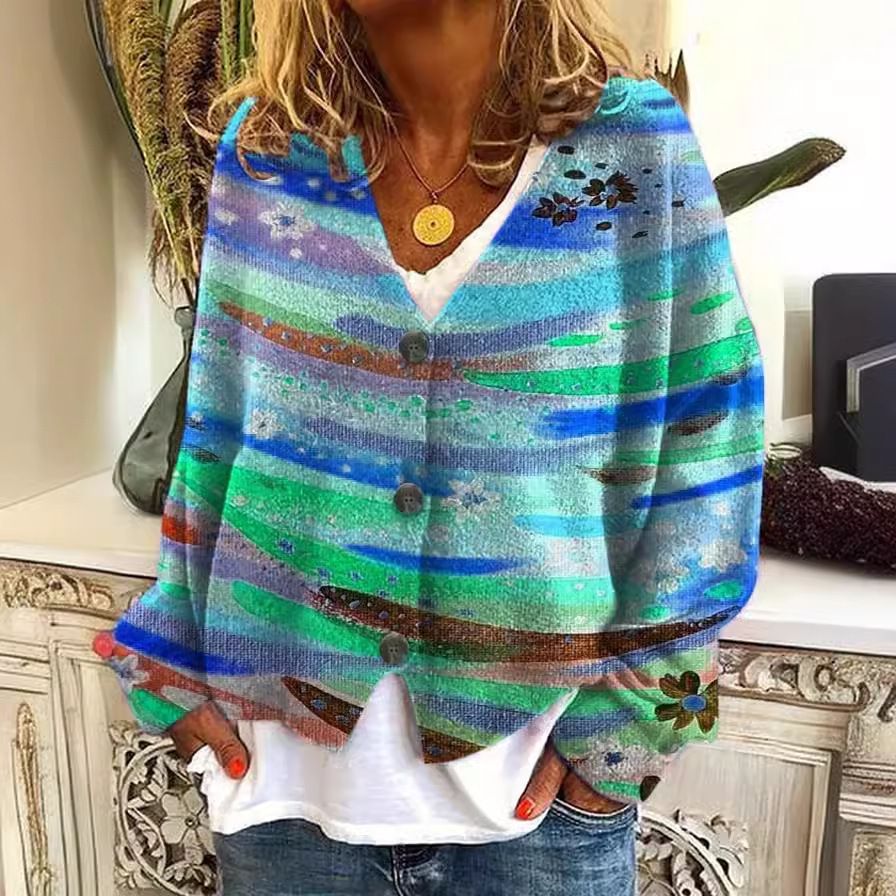 3D Print Rainbow Cardigan Soft Knit Casual Sweater